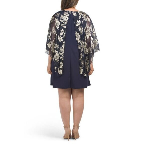 MARINA Womens Navy Blue Gold Sheer Capelet Overlay Dress Plus Sz 2X New - Picture 2 of 9